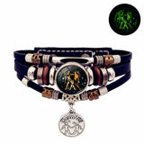Unisex leather bracelet with luminous zodiac design for casual styling, horoscope-inspired fashion use, and daily accessory wear.