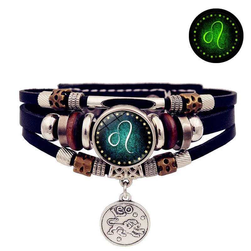 Starry Sky Zodiac Leather Bracelet cuff-style leather bracelet for celestial accessorizing, casual outfits, and daily use.