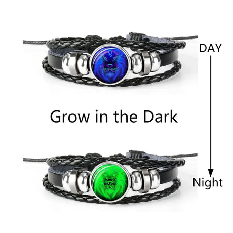 Unisex Zodiac Sign Luminous Charm Bracelet with leather band for personal astrology styling and casual fashion accessorizing.