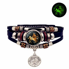 Unisex zodiac star sign leather bracelet for astrology lovers, casual fashion accessorizing, and glow-detail everyday wear.