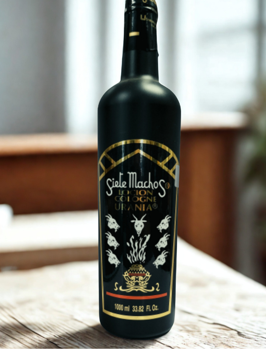 Urania Siete Machos cleansing cologne bottle for energy clearing, blessing spaces, and devotional practice.