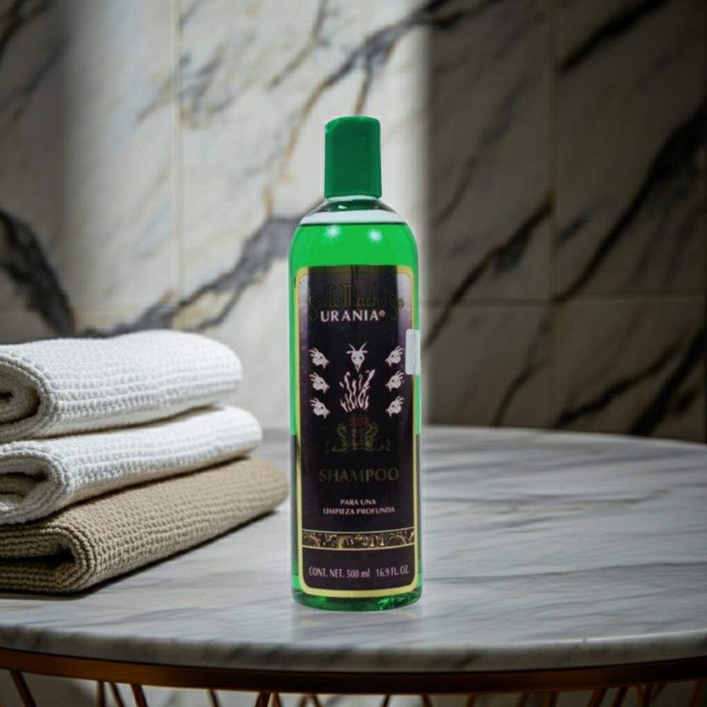 Urania Siete Machos cleansing shampoo bottle for washing hair, refreshing the scalp, and regular hair care.