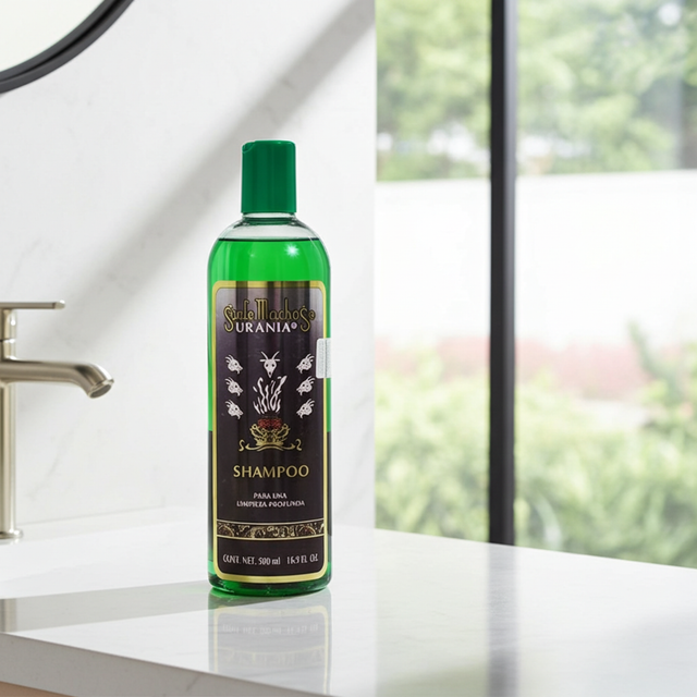 Urania Siete Machos hair shampoo bottle for cleansing the hair, removing buildup, and daily scalp care.