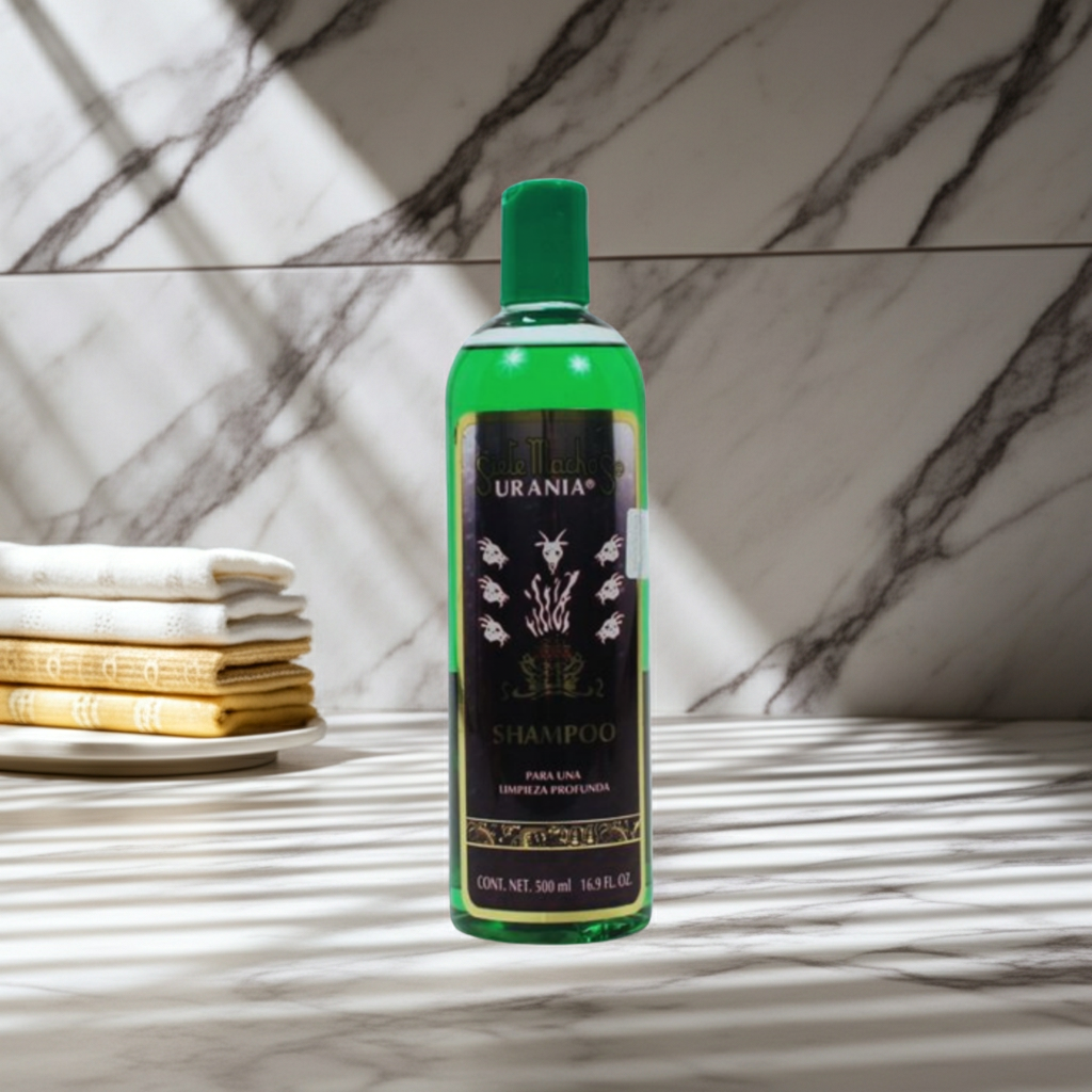 Urania Siete Machos shampoo bottle for hair cleansing, scalp care, and daily washing use.