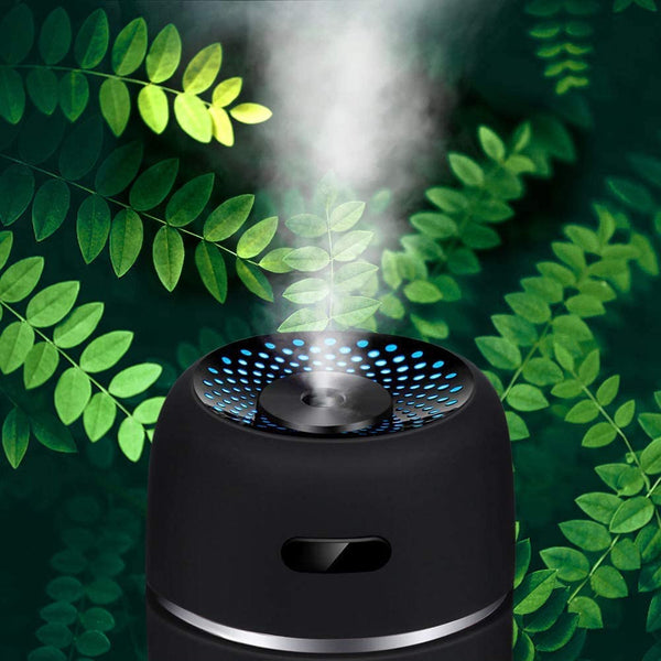 USB Mini Air Diffuser Humidifier with 7 LED colors for adding cool mist moisture, aromatherapy, and ambient lighting in small spaces.