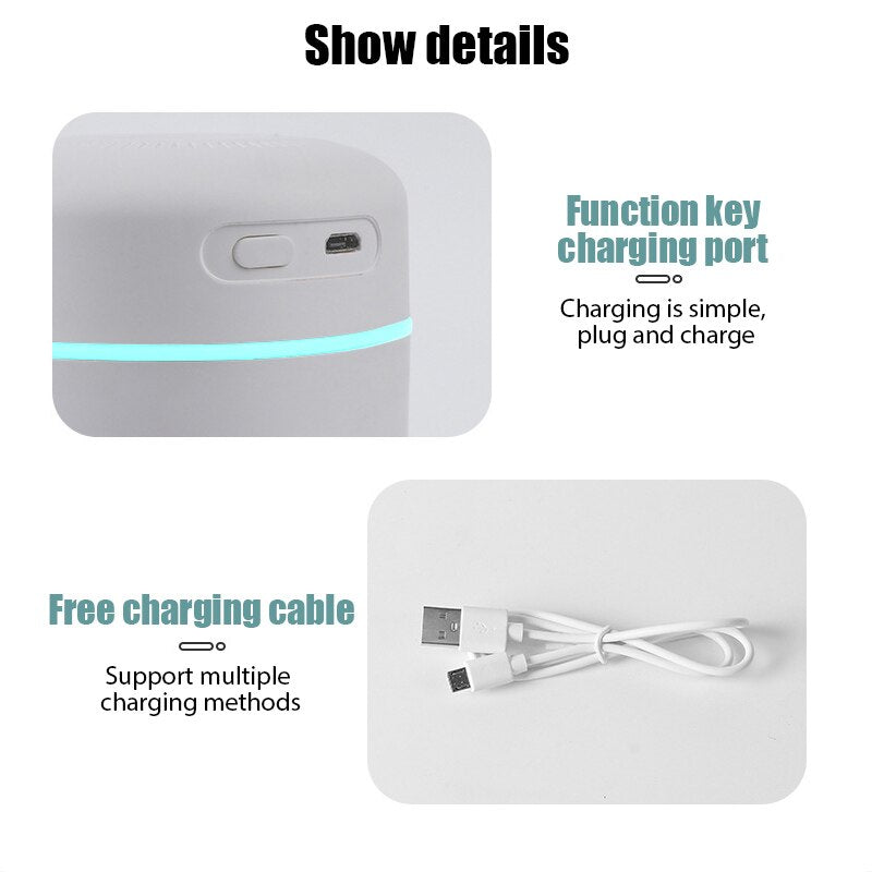 USB powered air humidifier and diffuser for moisturizing indoor air and dispersing essential oil fragrance.