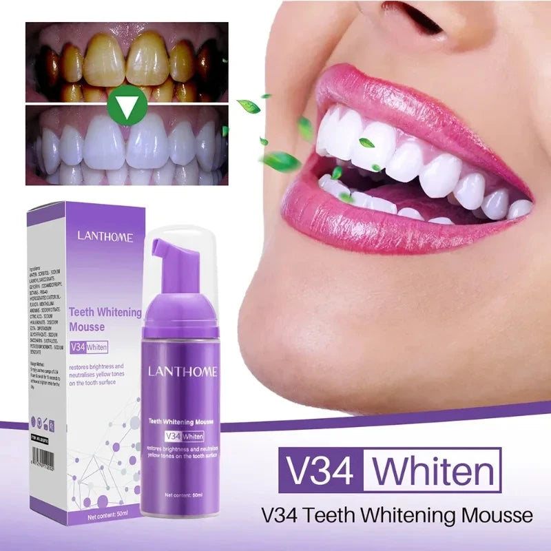 V34 Mousse Toothpaste 50ml whitening foam with packaging and tooth visual comparison.