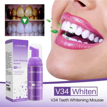 V34 Mousse Toothpaste 50ml whitening foam with packaging and tooth visual comparison.