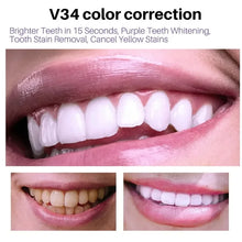 V34 Mousse Toothpaste whitening foam showing before and after results for a brighter smile.