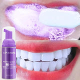 V34 Mousse Toothpaste whitening foam 50ml with close-up of white teeth for daily oral whitening.