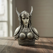 Norse Valkyrie statue bust figurine for fantasy decor, collectible display, and Viking-inspired room accents.