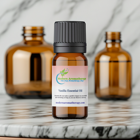 Vanilla aromatherapy essential oil bottle for massage blending, relaxation, and wellness routines.