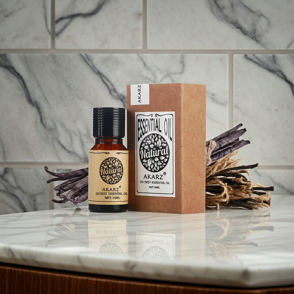 AKARZ Vanilla Essential Oil 10ml bottle for calming aromatherapy, diffuser use, and daily scenting.