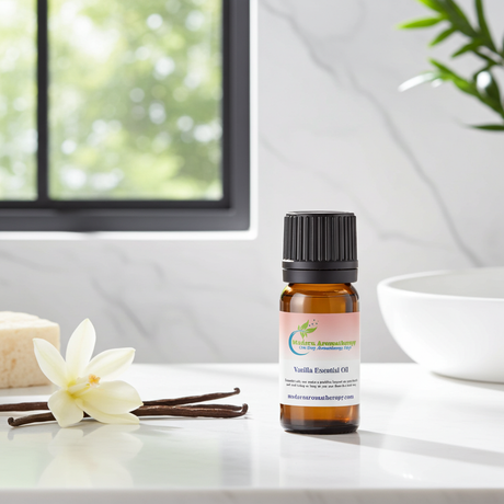 Vanilla essential oil bottle for aromatherapy, diffuser blends, and home fragrance use.