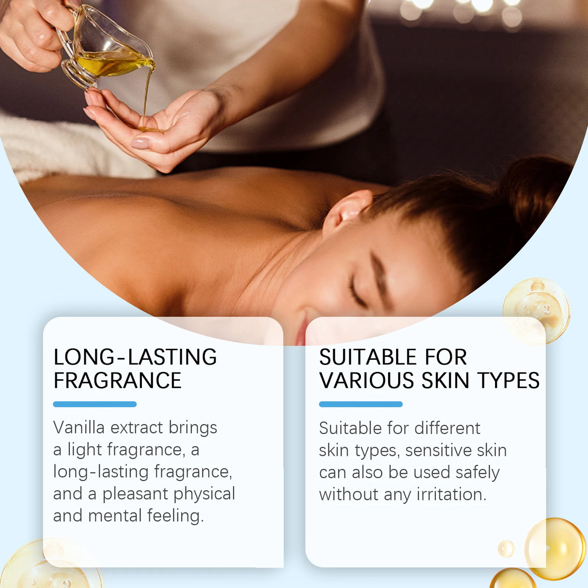 Person receiving a massage with vanilla extract oil, text about fragrance and skin suitability.