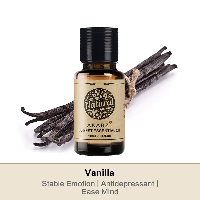 AKARZ vanilla essential oil bottle for fragrant diffuser blends, aromatherapy, and freshening indoor spaces.