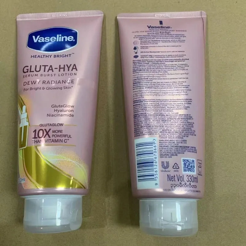 Vaseline Niacinamide Body Lotion bottle for brightening and hydrating skin on a beige background.