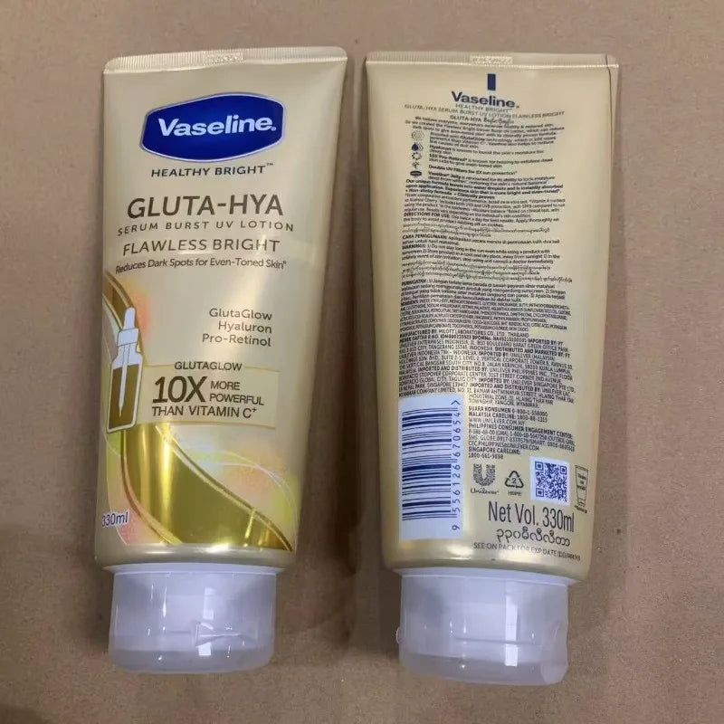Vaseline Niacinamide Body Lotion 330ml tube for daily body moisturizing on a brown background.
