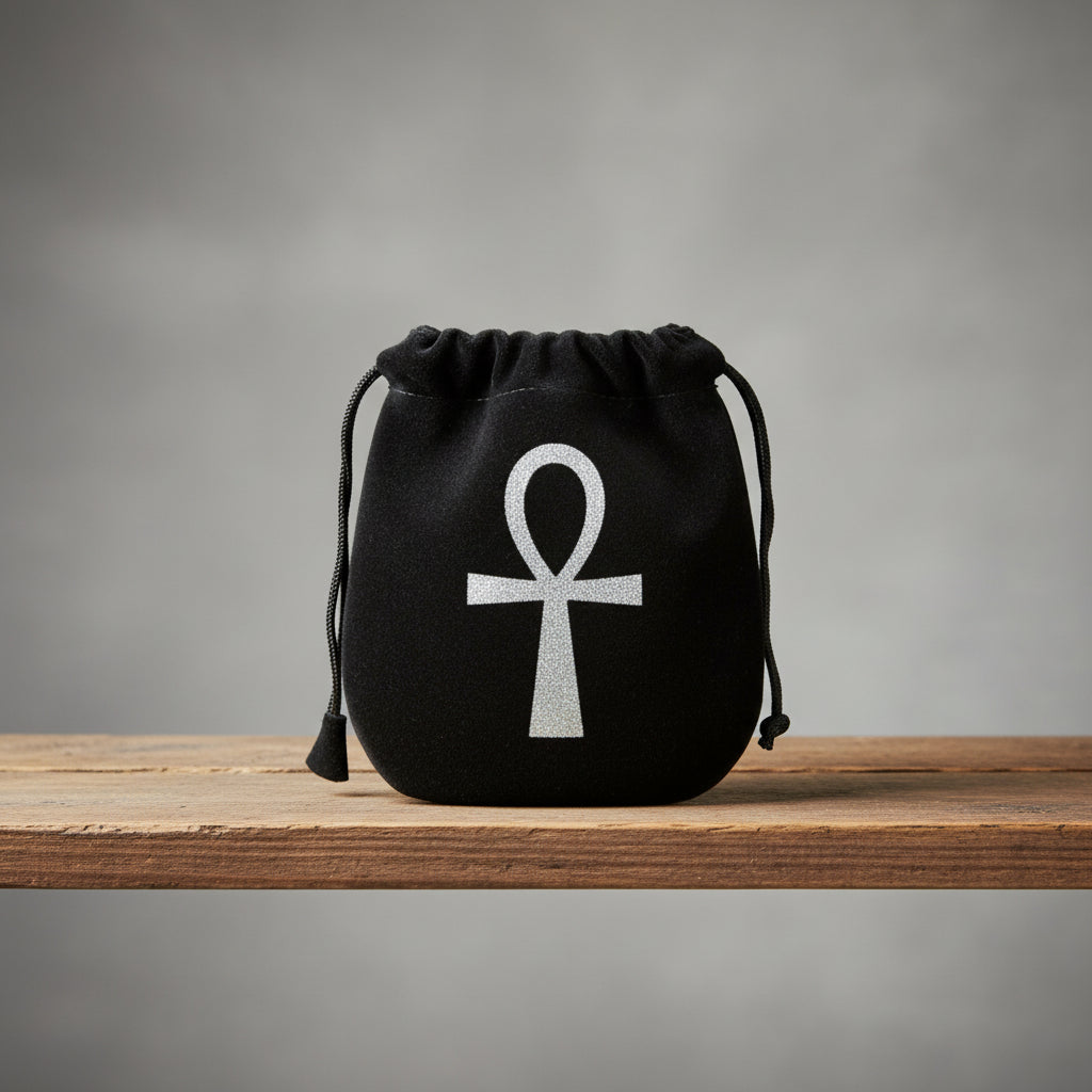 Velvet pouch with Ankh symbol embroidery for storing crystals, tarot cards, and small ritual items