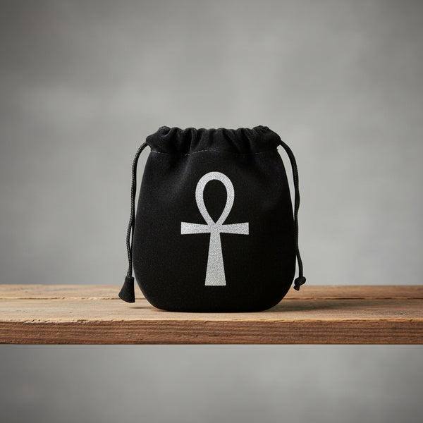 Velvet pouch with Ankh symbol embroidery for storing crystals, tarot cards, and small ritual items