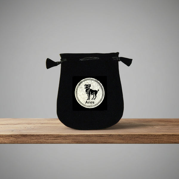 Velvet pouch with Aries zodiac symbol embroidery for storing crystals, tarot cards, and small ritual items