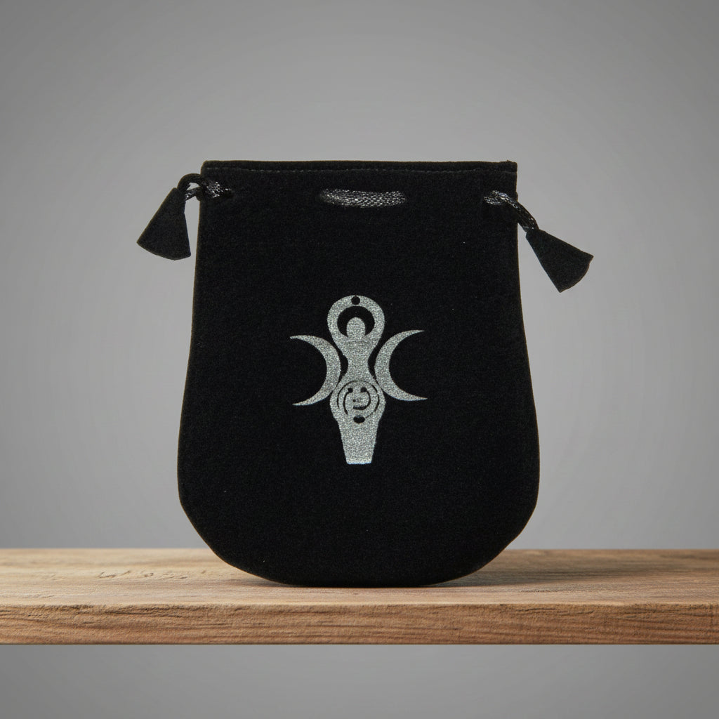 Velvet pouch with Goddess symbol embroidery for storing crystals, tarot cards, and small ritual items