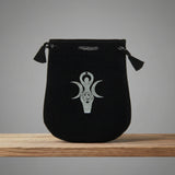 Velvet pouch with Goddess symbol embroidery for storing crystals, tarot cards, and small ritual items