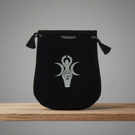 Velvet pouch with Goddess symbol embroidery for storing crystals, tarot cards, and small ritual items