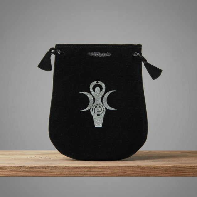 Velvet pouch with Goddess symbol embroidery for storing crystals, tarot cards, and small ritual items