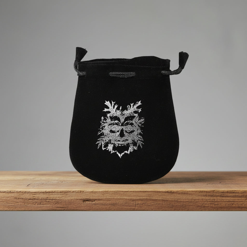 Velvet pouch with Green Man symbol embroidery for storing crystals, tarot cards, and small ritual items