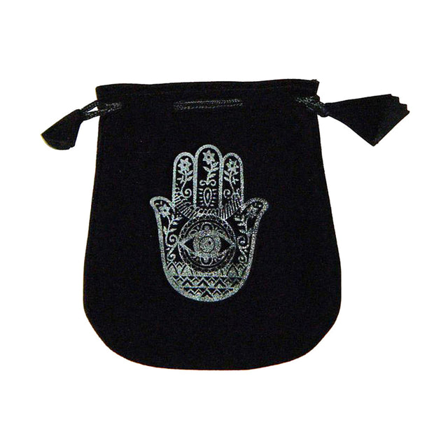 Velvet pouch with Hemsa symbol embroidery for storing crystals, tarot cards, and small ritual items