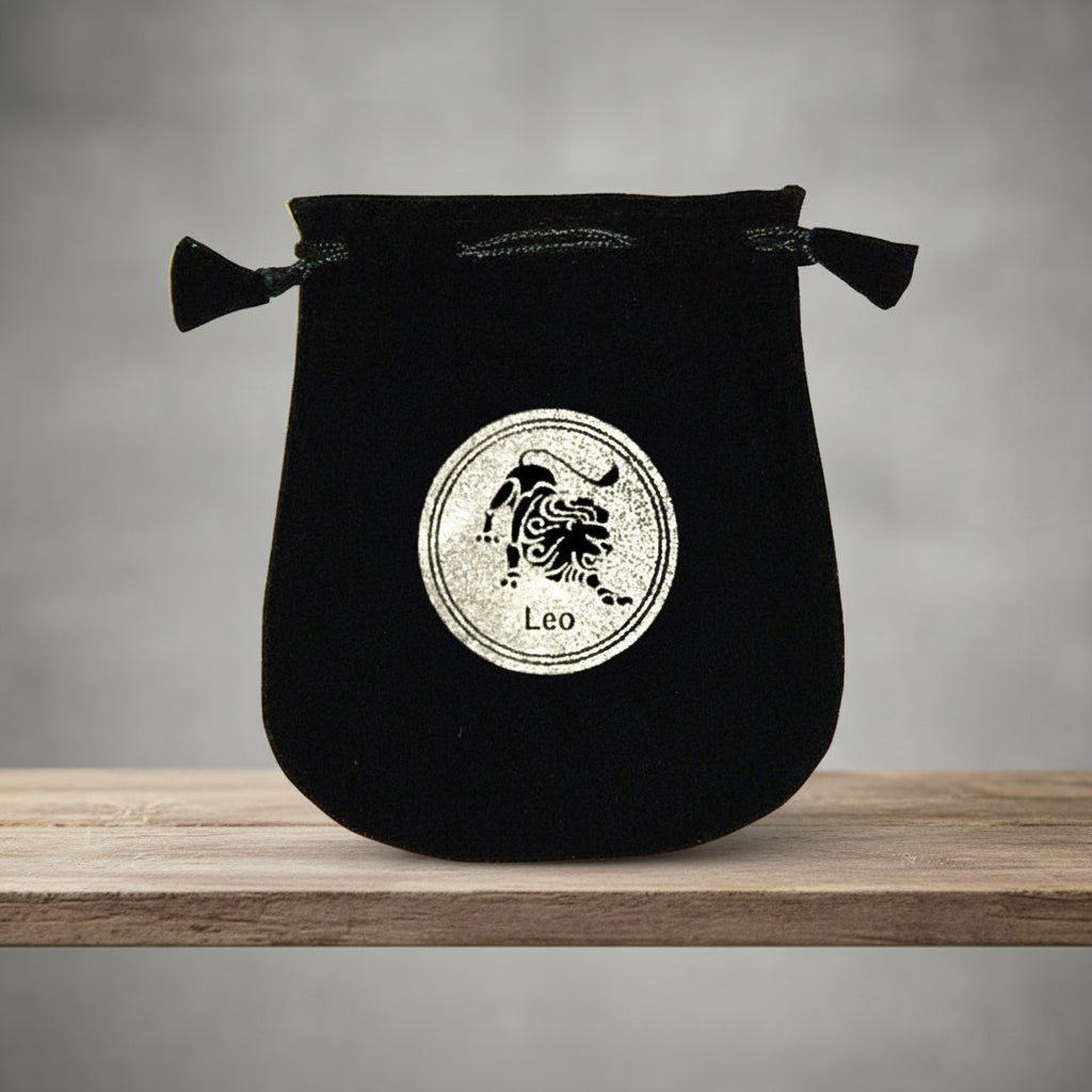 Velvet pouch with Leo zodiac symbol embroidery for storing crystals, tarot cards, and small ritual items