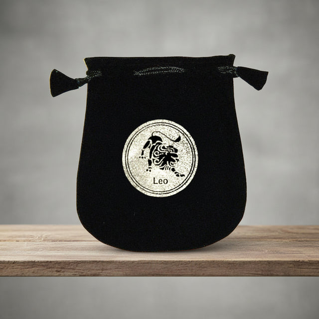 Velvet pouch with Leo zodiac symbol embroidery for storing crystals, tarot cards, and small ritual items