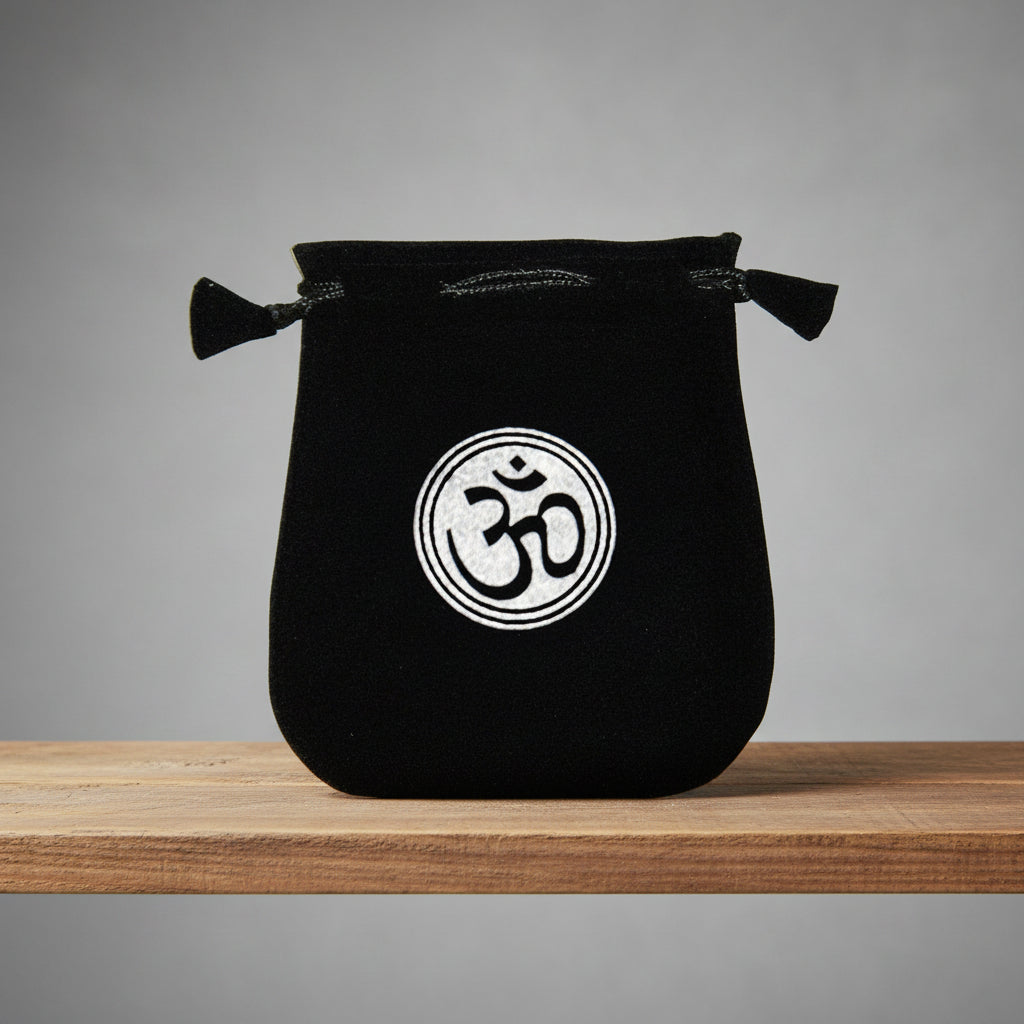 Velvet pouch with Om symbol embroidery for storing crystals, tarot cards, and small ritual items