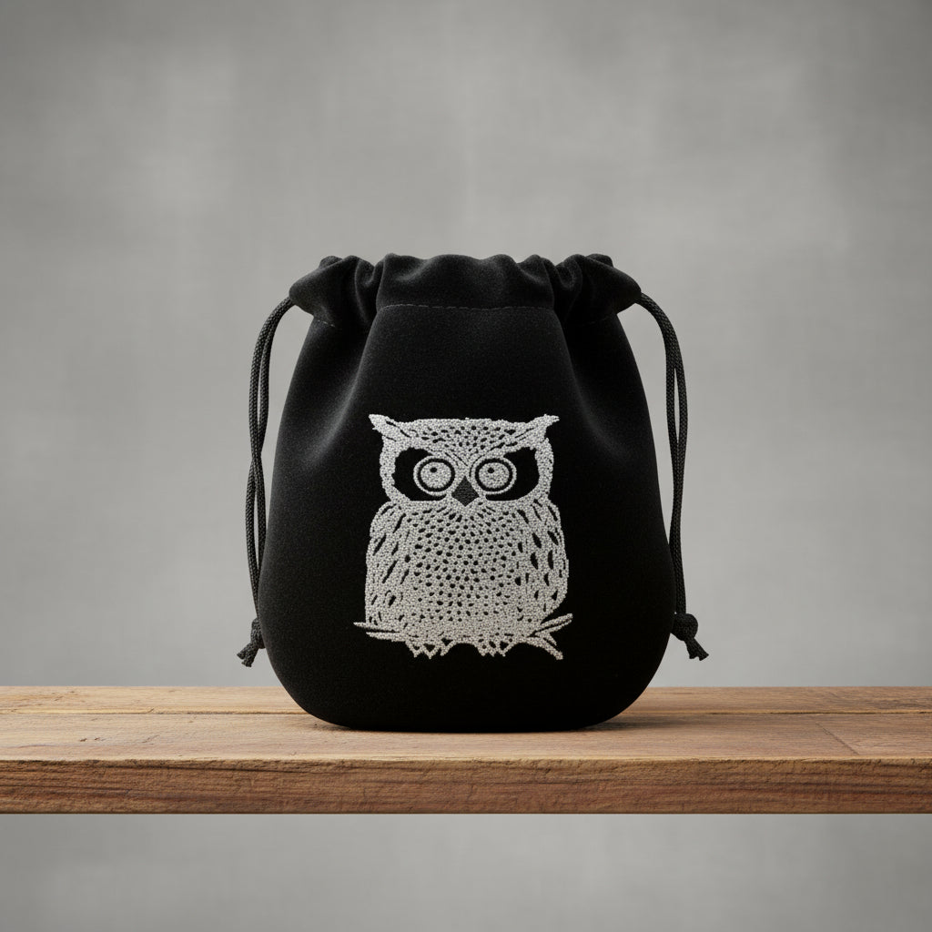 Velvet pouch with Owl design embroidery for storing crystals, tarot cards, and small ritual items