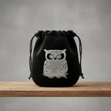 Velvet pouch with Owl design embroidery for storing crystals, tarot cards, and small ritual items