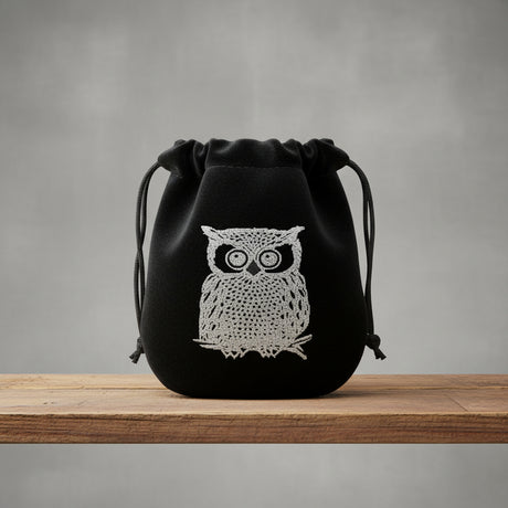 Velvet pouch with Owl design embroidery for storing crystals, tarot cards, and small ritual items