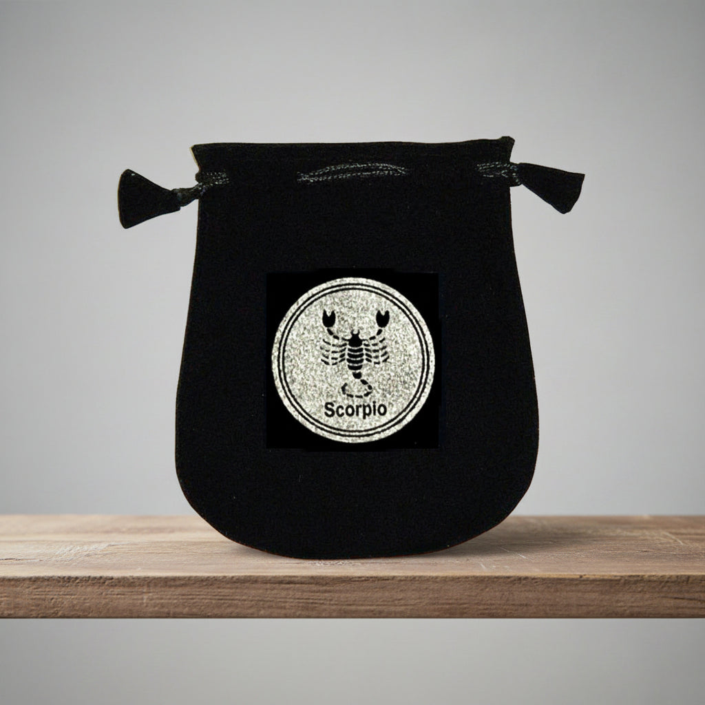 Velvet pouch with Scorpio zodiac symbol embroidery for storing crystals, tarot cards, and small ritual items