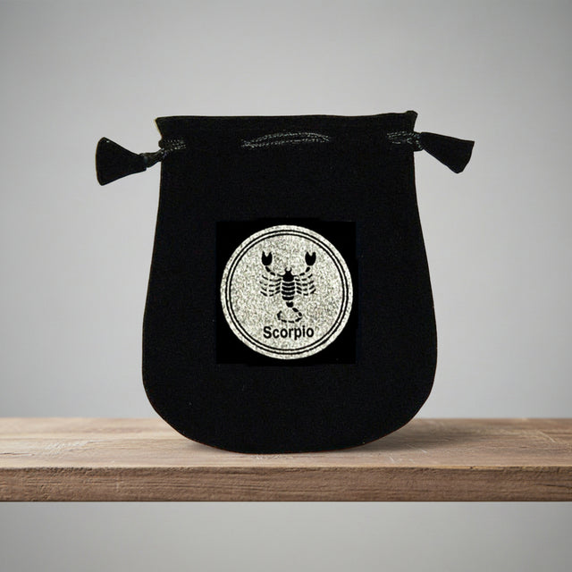 Velvet pouch with Scorpio zodiac symbol embroidery for storing crystals, tarot cards, and small ritual items