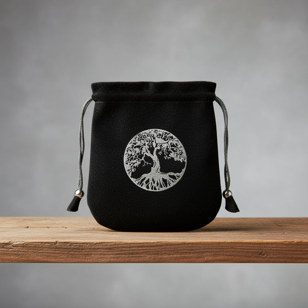 Velvet pouch with Tree of Life symbol embroidery for storing crystals, tarot cards, and small ritual items