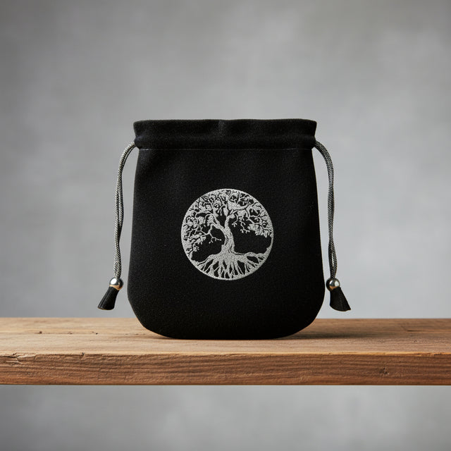 Velvet pouch with Tree of Life symbol embroidery for storing crystals, tarot cards, and small ritual items