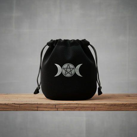 Velvet pouch with Triple Moon and Pentagram symbol embroidery for storing crystals, tarot cards, and small ritual items