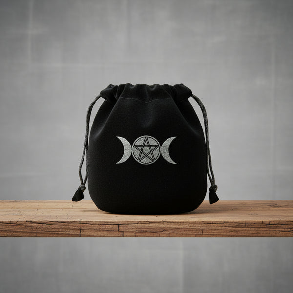 Velvet pouch with Triple Moon and Pentagram symbol embroidery for storing crystals, tarot cards, and small ritual items