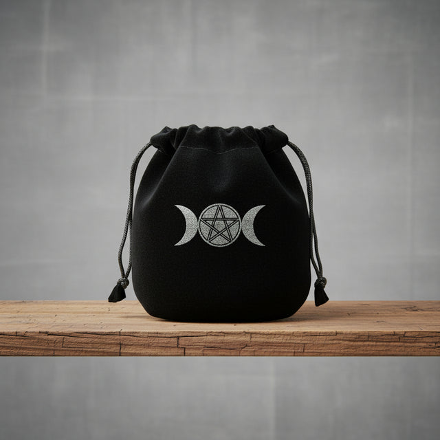 Velvet pouch with Triple Moon and Pentagram symbol embroidery for storing crystals, tarot cards, and small ritual items