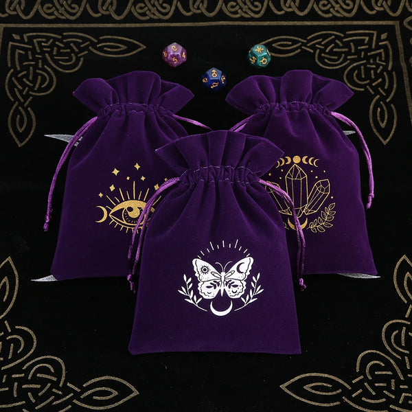 Velvet tarot storage drawstring bag for organizing tarot cards, oracle decks, and spiritual tools.