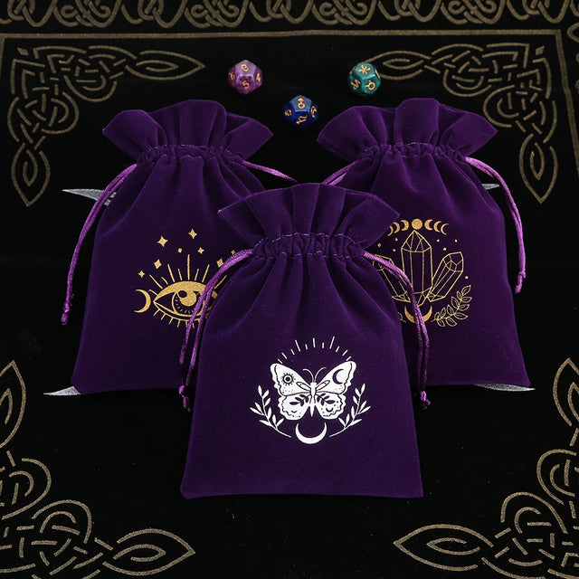 Velvet tarot storage drawstring bag for organizing tarot cards, oracle decks, and spiritual tools.