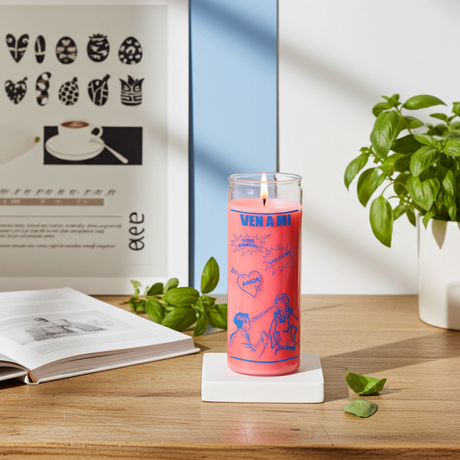 VEN A MI-COME TO ME pink love candle in glass jar for attraction rituals, relationship intention setting, and romantic altar use.