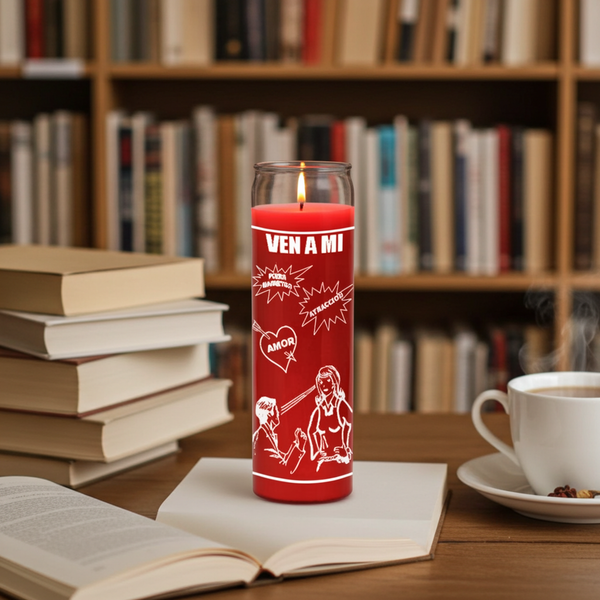 VEN A MI - COME TO ME red 7 day candle in glass jar for attraction rituals, love work, and spiritual devotional use.