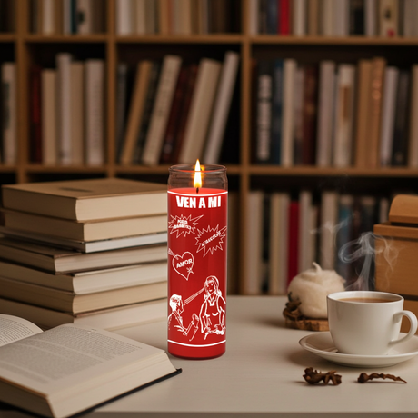 VEN A MI red 7 day prayer candle in glass container for come to me petitions, romantic intention setting, and altar use.