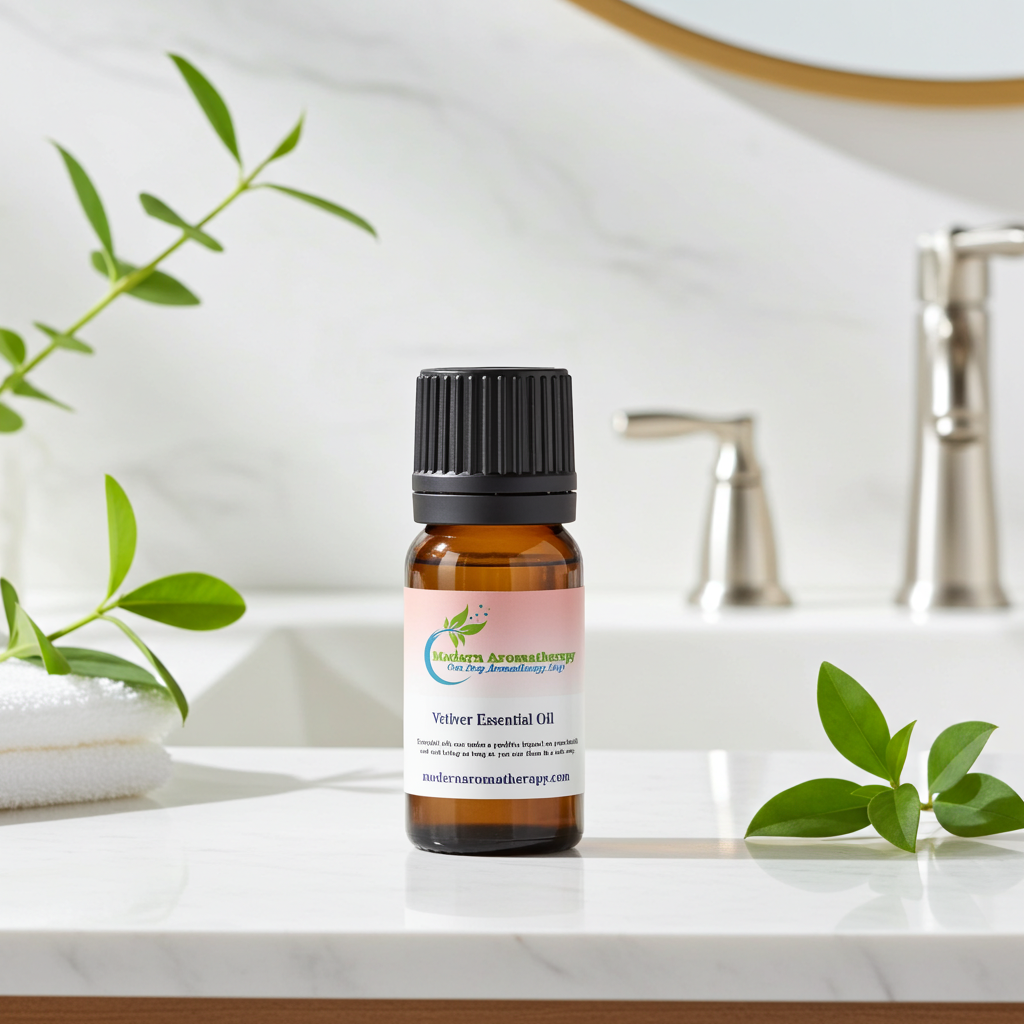 Vetiver Essential Oil aromatherapy bottle for relaxation, meditation, and home fragrance use.